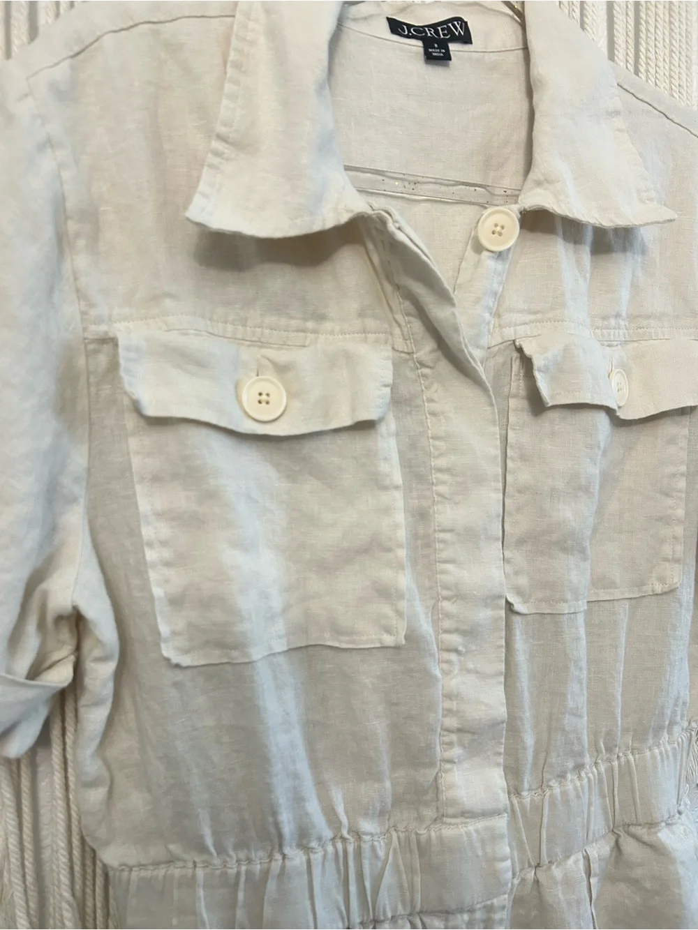 J.Crew 100% Linen Utility Jumpsuit Ivory Wide Leg Collared Short Sleeve